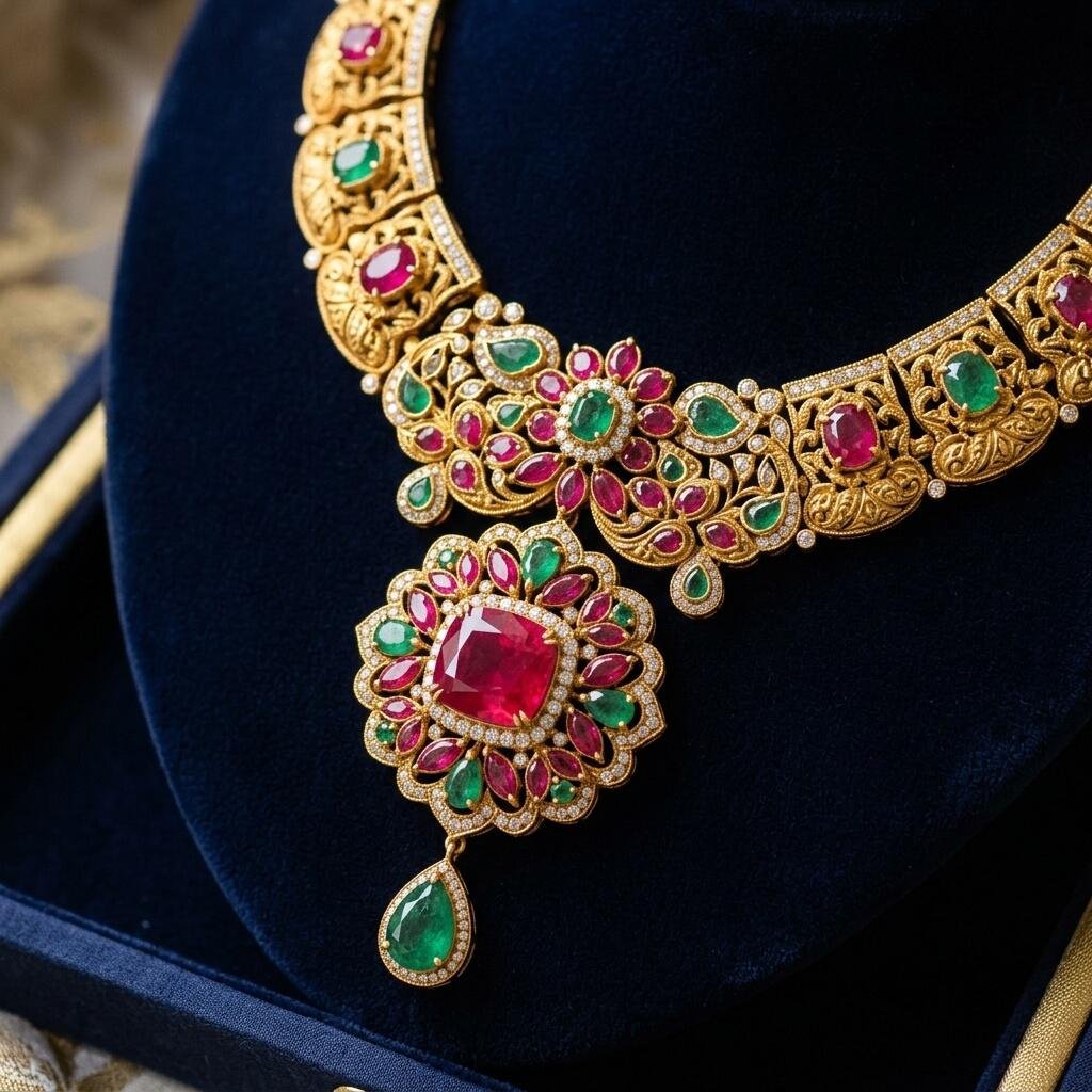 Elegant gold jewellery displayed in a premium setting